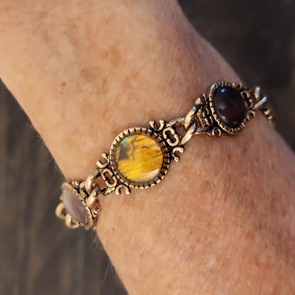 Jewelry - Vintage Ornate (Intricate) Faux Tigers Eye, Abalone Gold Link Bracelet